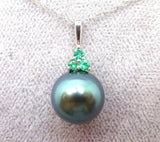14k Gold 8.8MM Tahitian Black Pearl Pendant with Emeralds (#J3646)