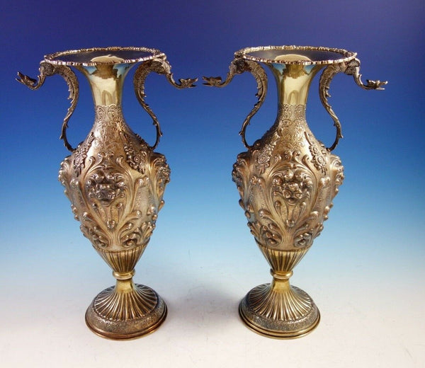 Camusso Peruvian Sterling Silver Vases Pair with Applied Winged Griffins (#2914)
