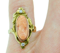 10k Gold Art Nouveau Genuine Natural Coral Cameo Ring with Diamonds (#J4647)