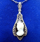 Art Deco 14k Gold Genuine Natural Cameo Pendant with Paperclip Chain (#J3714)