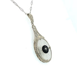 14k White Gold Genuine Natural Rock Crystal Quartz Filigree Pendant (#J5933)