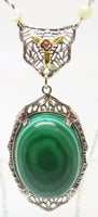 10K Gold Art Deco Malachite Necklace with Seed Pearls (#J3172)