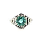 18k White Gold Art Deco Genuine Natural Emerald Filigree Ring (#J5650)