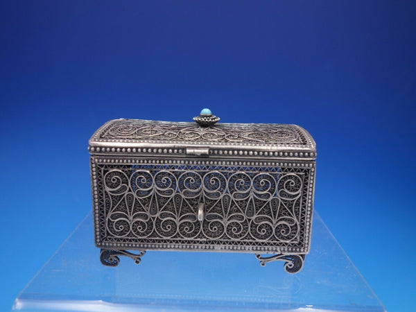 Sterling Silver Box with Turquoise Cabochon and Filigree Layers (#4210)
