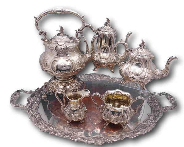 Henry Wilkinson Silverplate Tea Set 6pc with 3-D Bird Finials c. 1860's (#3080)