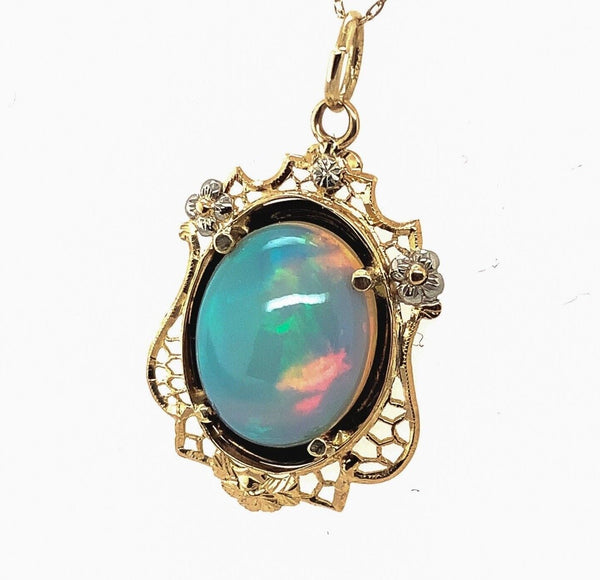 14k Yellow Gold 5.14ct Genuine Natural Opal Filigree Pendant w/ Flowers (#J5720)