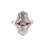14k White Gold Art Deco Diamond and Ruby Filigree Ring (#J5605)