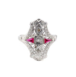 14k White Gold Art Deco Diamond and Ruby Filigree Ring (#J5605)
