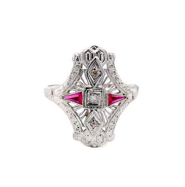 14k White Gold Art Deco Diamond and Ruby Filigree Ring (#J5605)