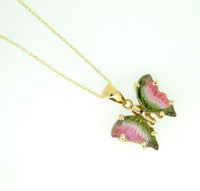 14k Yellow Gold Watermelon Genuine Natural Tourmaline Butterfly Pendant (#J5022)