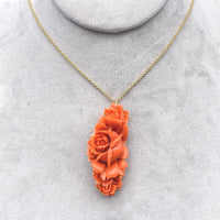 14k Yellow Gold Large Carved Genuine Natural Ox Blood Coral Pendant Roses #J6177