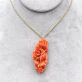14k Yellow Gold Large Carved Genuine Natural Ox Blood Coral Pendant Roses #J6177