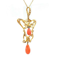 14k Yellow Gold Coral Briolette Victorian Lavaliere Necklace (#J5501)