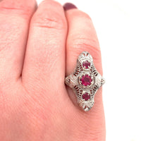 18k White Gold Art Deco Long Filigree Genuine Natural Ruby Ring (#J5651)