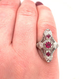 18k White Gold Art Deco Long Filigree Genuine Natural Ruby Ring (#J5651)