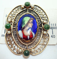 14K Gold French Enamel Brooch with Seed Pearls and Agates (#J2951)