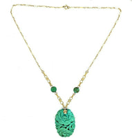 14k Yellow Gold Art Deco Carved Genuine Natural Turquoise Necklace (#J5372)