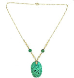 14k Yellow Gold Art Deco Carved Genuine Natural Turquoise Necklace (#J5372)