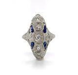 18k White Gold Art Deco Long Genuine Natural Diamond Filigree Ring (#J5584)
