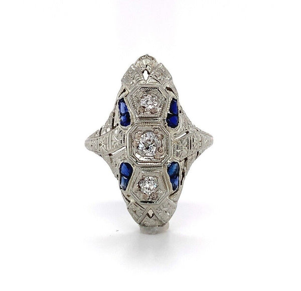 18k White Gold Art Deco Long Genuine Natural Diamond Filigree Ring (#J5584)