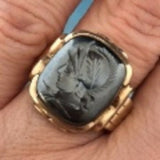 10k Yellow Gold Men's Genuine Natural Hemetite Carved Intaglio Ring (#J5551)