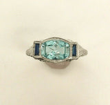10k White Gold Aquamarine Filigree Ring with Synthetic Sapphires (#5284)