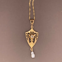 10k Yellow Gold Pierced Diamond and Pearl Lavaliere Pendant (#J4822)