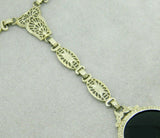 Deco 14k White Gold Filigree Genuine Natural Black Onyx Necklace (#J4671)