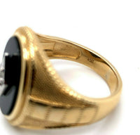 14k Yellow Gold Men's Genuine Natural Black Onyx and Diamond Ring (#J5550)