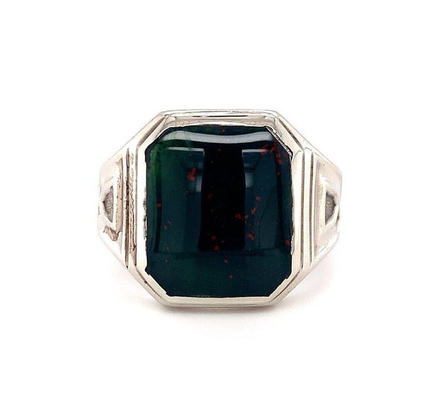 10k White Gold Art Deco Genuine Natural Bloodstone Men's Ring Jewelry (#J5678)