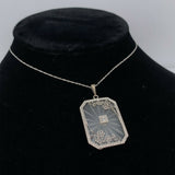 10k Gold Art Deco Genuine Natural Rock Crystal Quartz Pendant w/Flowers (#J5541)