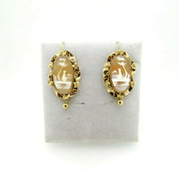 14k Yellow Gold Victorian Scenic Genuine Natural Shell Cameo Earrings (#J5015)