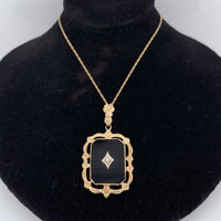 10k Yellow Gold Vintage Genuine Natural Black Onyx and Diamond Pendant (#J5637)