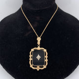 10k Yellow Gold Vintage Genuine Natural Black Onyx and Diamond Pendant (#J5637)