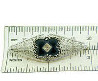 10k White Gold Filigree Genuine Natural Onyx and Diamond Pin (#J4661)