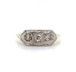 14k Gold Art Deco Genuine Natural Diamond Three Stone Filigree Ring (#J5586)