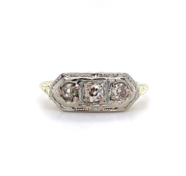 14k Gold Art Deco Genuine Natural Diamond Three Stone Filigree Ring (#J5586)