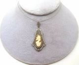 Art Deco 10k White Gold Filigree Genuine Natural Shell Cameo Pendant (#J3547)