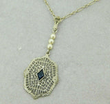 Art Deco 10k White Gold Filigree Pendant Synthetic Blue Sapphire (#J4677)