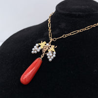 14k Yellow Gold Coral and Pearl Grape Victorian Pendant (#J5598)