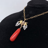 14k Yellow Gold Coral and Pearl Grape Victorian Pendant (#J5598)