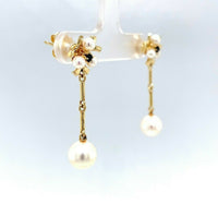 14k Yellow Gold Pearl and Sapphire Drop Earrings (#J5487)