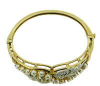 14k White and Yellow Gold Diamond and Pearl Bangle Bracelet (#J727)