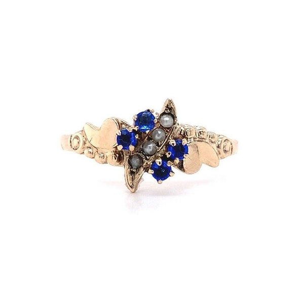 10k Yellow Gold Victorian Seed Pearl Ring with Blue Paste Stones (#J5617)