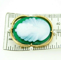 14k Yellow Gold Green and White Onyx Cameo Pin and Earring 3-piece Set (#J4313)