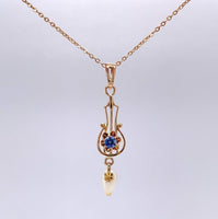 10k Yellow Gold Victorian Sapphire Lavaliere Pendant Jewelry (#J5602)
