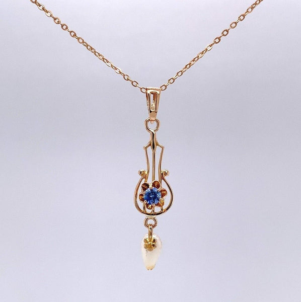 10k Yellow Gold Victorian Sapphire Lavaliere Pendant Jewelry (#J5602)
