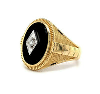14k Yellow Gold Men's Genuine Natural Black Onyx and Diamond Ring (#J5550)