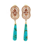 10k Yellow Gold Genuine Natural Turquoise Briolette Drop Earrings (#J5599)