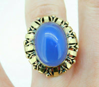 14k Yellow Gold Large Retro Blue Genuine Natural Chalcedony Ring (#J5101)